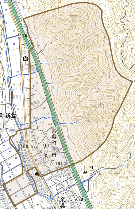 余呉町今市とその周辺の地図。町の範囲を重ねている