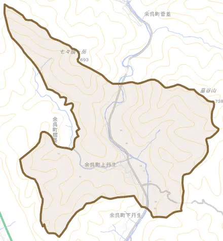 余呉町上丹生とその周辺の地図。町の範囲を重ねている