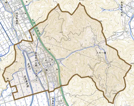 余呉町中之郷とその周辺の地図。町の範囲を重ねている