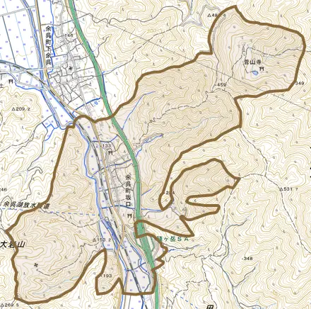 余呉町坂口とその周辺の地図。町の範囲を重ねている