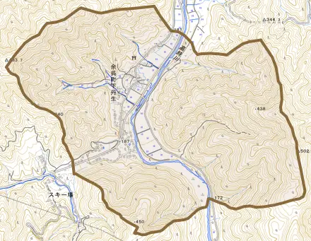余呉町下丹生とその周辺の地図。町の範囲を重ねている
