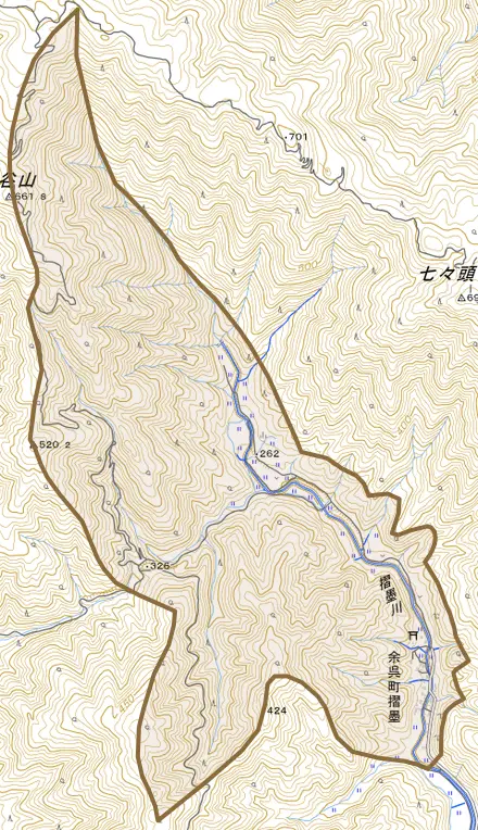 余呉町摺墨とその周辺の地図。町の範囲を重ねている