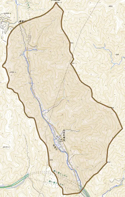 余呉町椿坂とその周辺の地図。町の範囲を重ねている