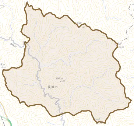 余呉町鷲見とその周辺の地図。町の範囲を重ねている