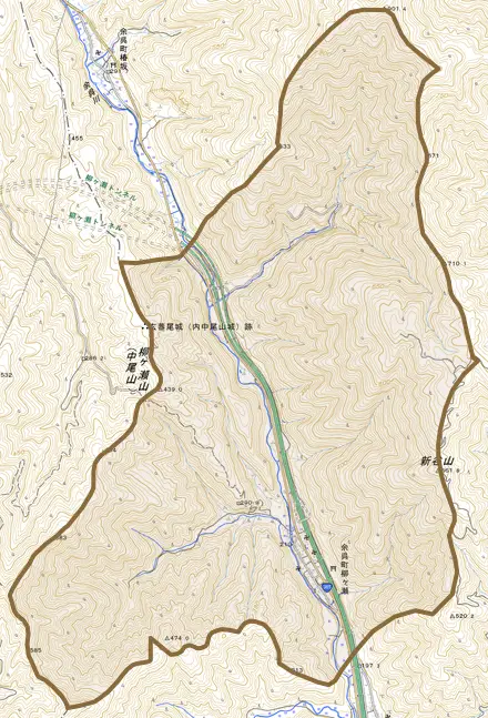 余呉町柳ケ瀬とその周辺の地図。町の範囲を重ねている