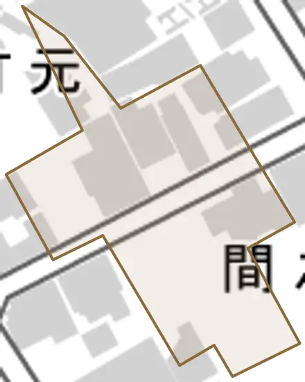 間之町とその周辺の地図。町の範囲を重ねている