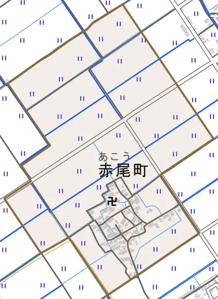 赤尾町とその周辺の地図。町の範囲を重ねている