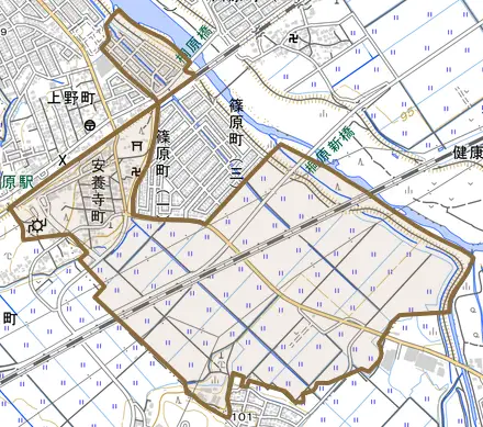 安養寺町とその周辺の地図。町の範囲を重ねている
