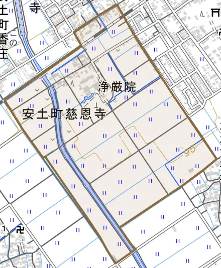 安土町慈恩寺とその周辺の地図。町の範囲を重ねている