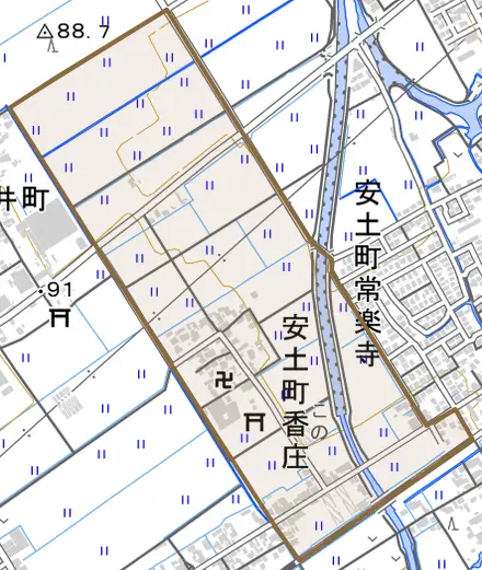 安土町香庄とその周辺の地図。町の範囲を重ねている