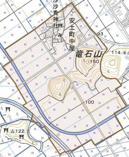 安土町中屋とその周辺の地図。町の範囲を重ねている