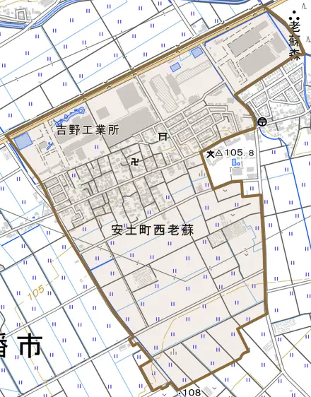 安土町西老蘇とその周辺の地図。町の範囲を重ねている