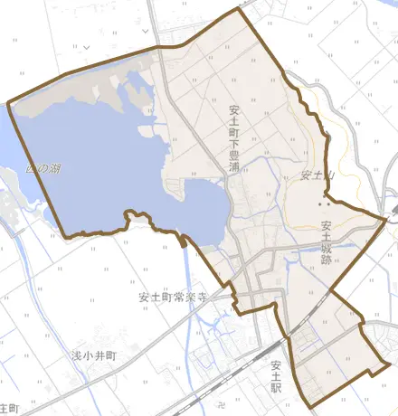 安土町下豊浦とその周辺の地図。町の範囲を重ねている
