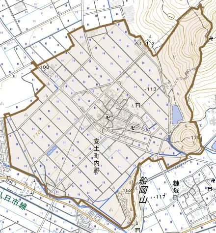 安土町内野とその周辺の地図。町の範囲を重ねている