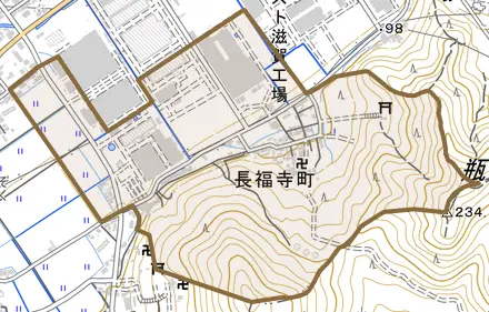 長福寺町とその周辺の地図。町の範囲を重ねている