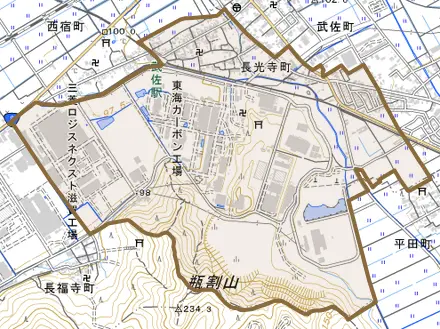 長光寺町とその周辺の地図。町の範囲を重ねている