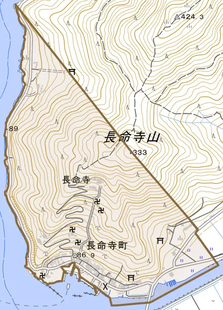 長命寺町とその周辺の地図。町の範囲を重ねている
