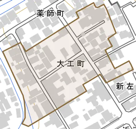 大工町とその周辺の地図。町の範囲を重ねている