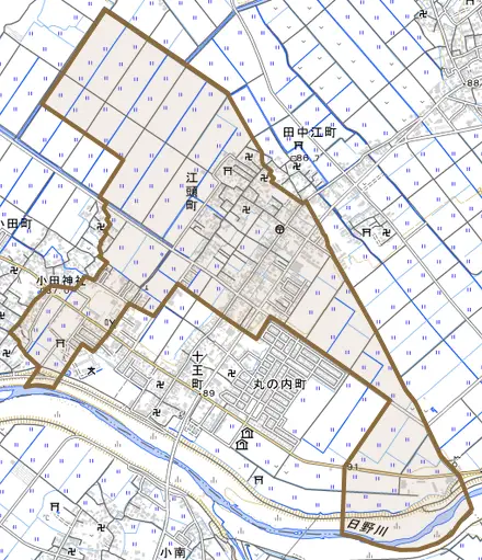 江頭町とその周辺の地図。町の範囲を重ねている
