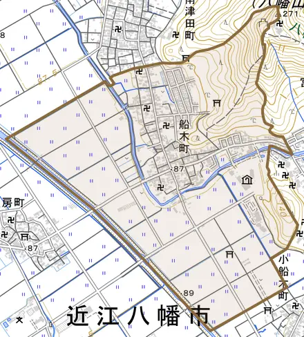 船木町とその周辺の地図。町の範囲を重ねている
