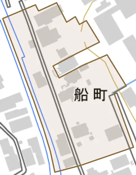 船町とその周辺の地図。町の範囲を重ねている