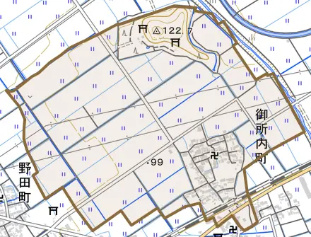 御所内町とその周辺の地図。町の範囲を重ねている