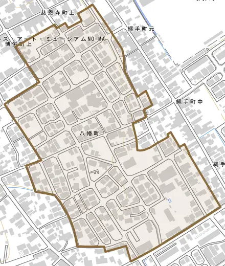 八幡町とその周辺の地図。町の範囲を重ねている
