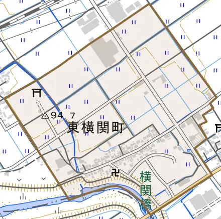 東横関町とその周辺の地図。町の範囲を重ねている