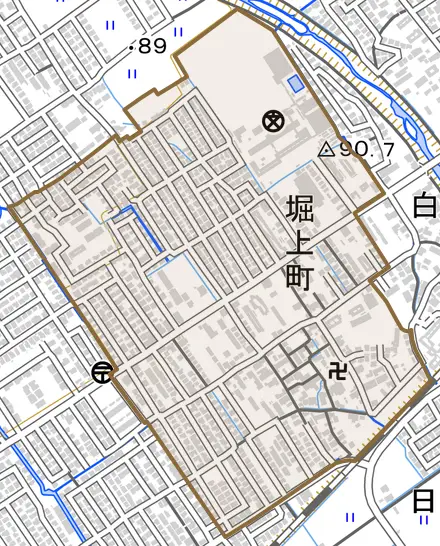 堀上町とその周辺の地図。町の範囲を重ねている