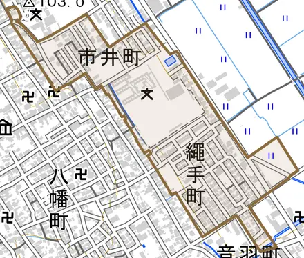 市井町とその周辺の地図。町の範囲を重ねている