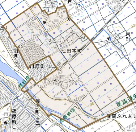 池田本町とその周辺の地図。町の範囲を重ねている