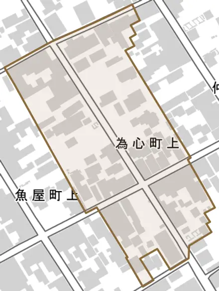 為心町上とその周辺の地図。町の範囲を重ねている