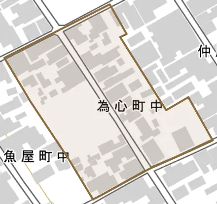 為心町中とその周辺の地図。町の範囲を重ねている