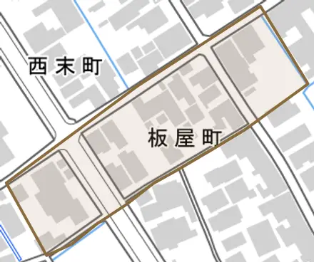 板屋町とその周辺の地図。町の範囲を重ねている