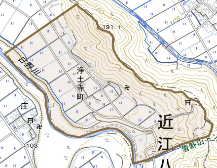 浄土寺町とその周辺の地図。町の範囲を重ねている