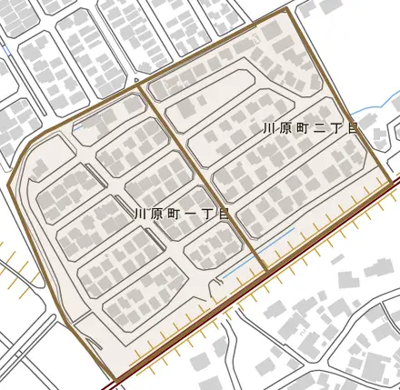 川原町とその周辺の地図。町の範囲を重ねている