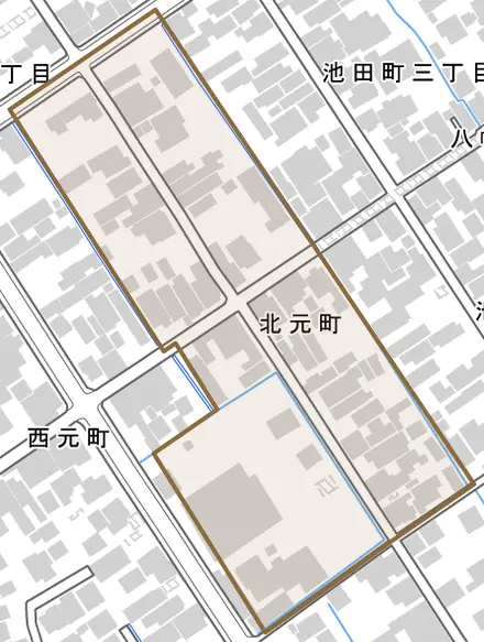 北元町とその周辺の地図。町の範囲を重ねている
