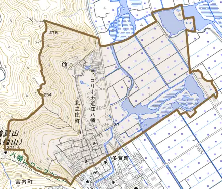 北之庄町とその周辺の地図。町の範囲を重ねている