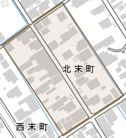 北末町とその周辺の地図。町の範囲を重ねている