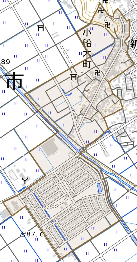 小船木町とその周辺の地図。町の範囲を重ねている
