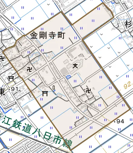 金剛寺町とその周辺の地図。町の範囲を重ねている