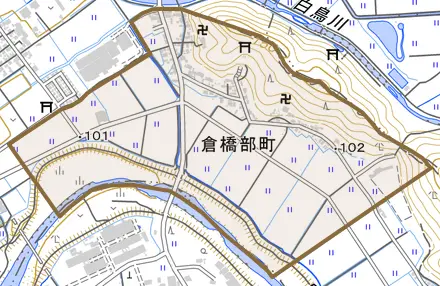 倉橋部町とその周辺の地図。町の範囲を重ねている