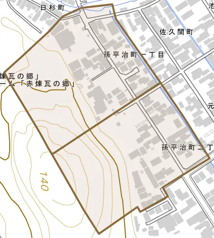 孫平治町とその周辺の地図。町の範囲を重ねている