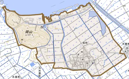 牧町とその周辺の地図。町の範囲を重ねている