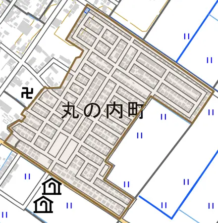 丸の内町とその周辺の地図。町の範囲を重ねている