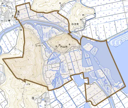 円山町とその周辺の地図。町の範囲を重ねている