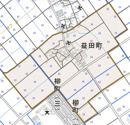 益田町とその周辺の地図。町の範囲を重ねている