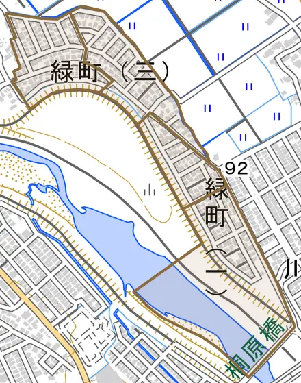 緑町とその周辺の地図。町の範囲を重ねている