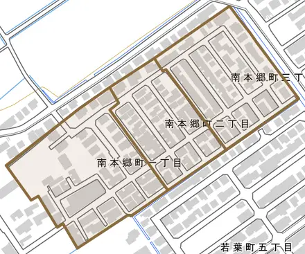 南本郷町とその周辺の地図。町の範囲を重ねている