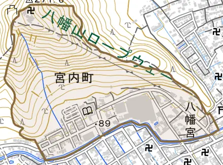 宮内町とその周辺の地図。町の範囲を重ねている